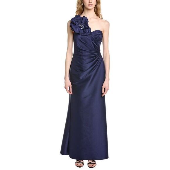 Badgley Mischka WomensSide Drape Flower Shoulder Gown Navy